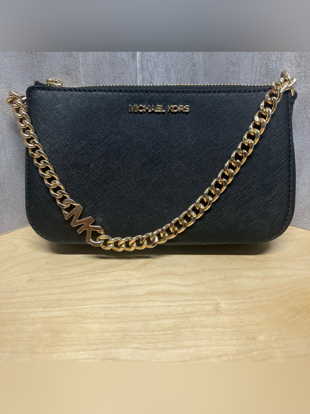 Michael Kors Jet Set Small Signature Logo Chain Pochette Black with Gold Chain